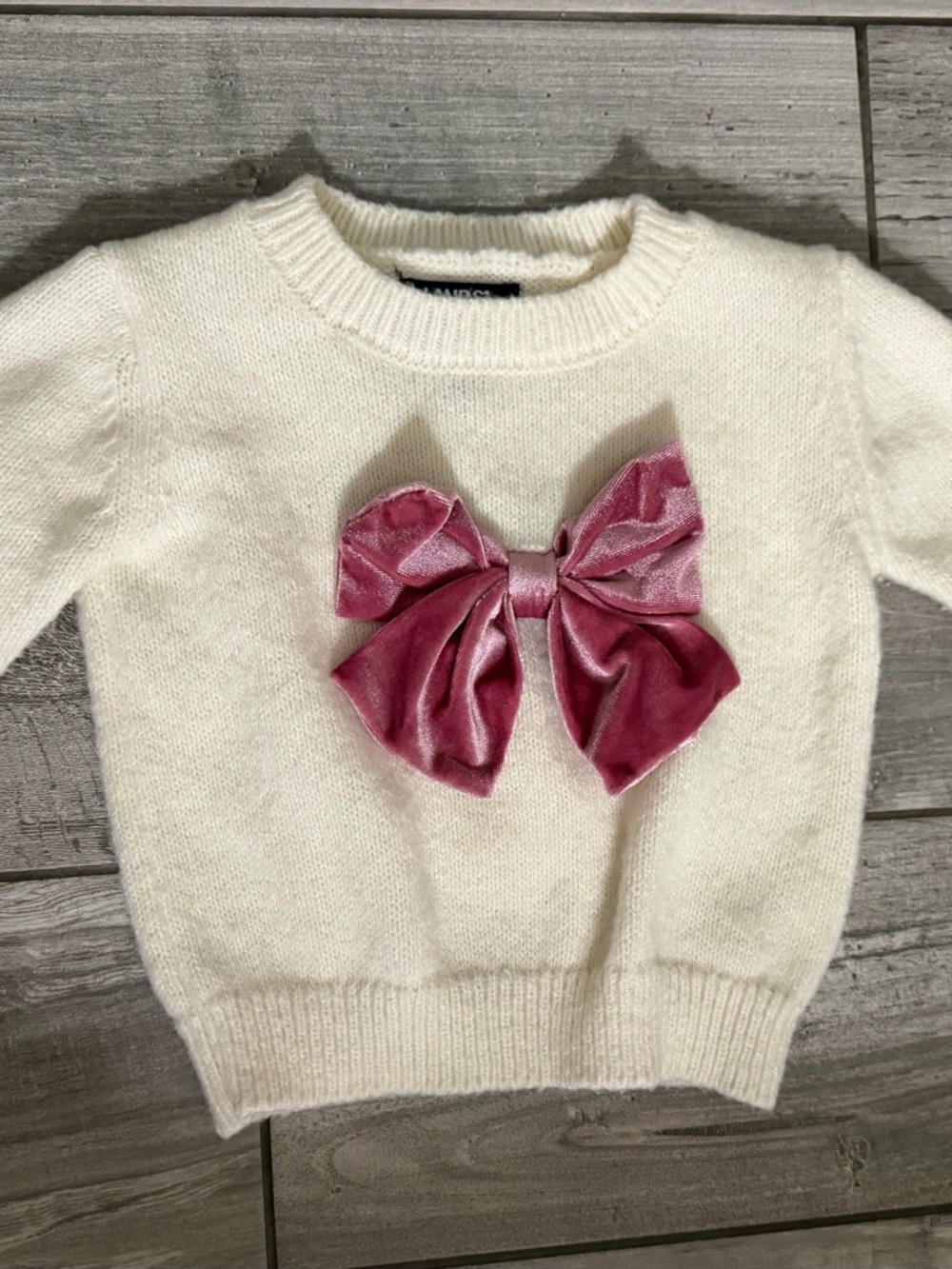 Lands' End Cream Knit Toddler Girls Pink Velvet Bow Sweater Coquette